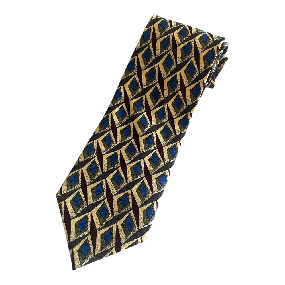 Barneys New York Silk Tie Wide Geometric Blue Brown Green Made in Italy